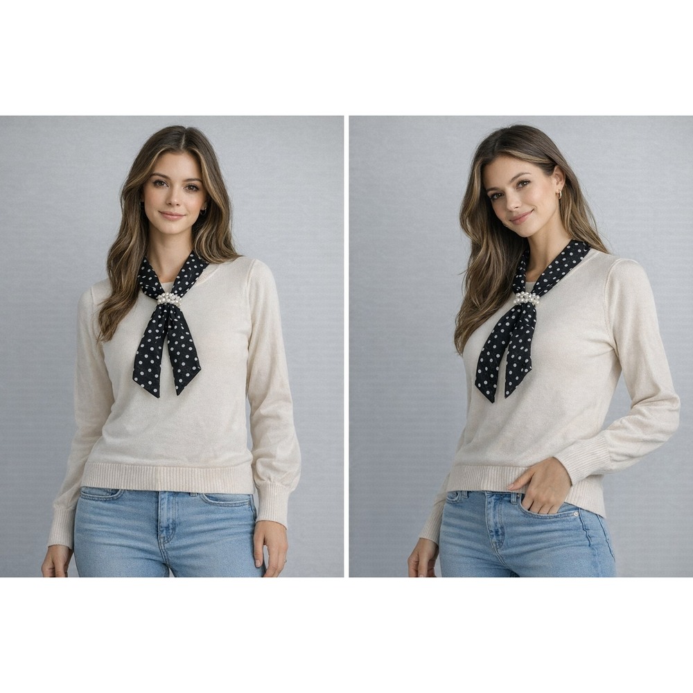 Adrianna‎ Papell Women Sweater Small Ivory Polka Dot Bow Pearl Chic Preppy NWT